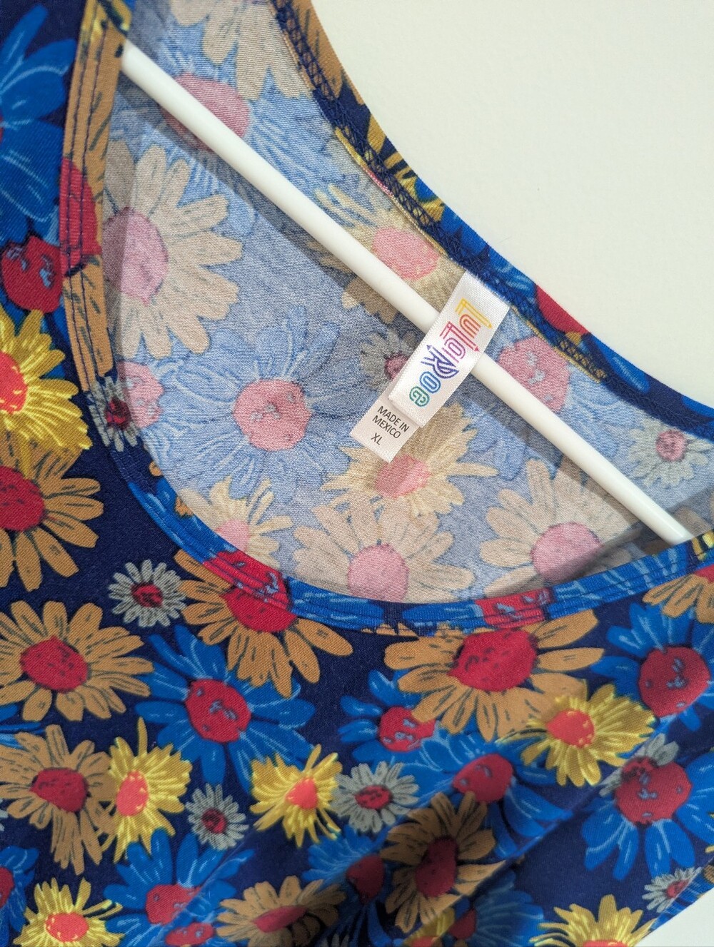 LuLaRoe Blue Floral Scoop Neck Tunic with Red and Yellow Accents - Picture 4 of 4